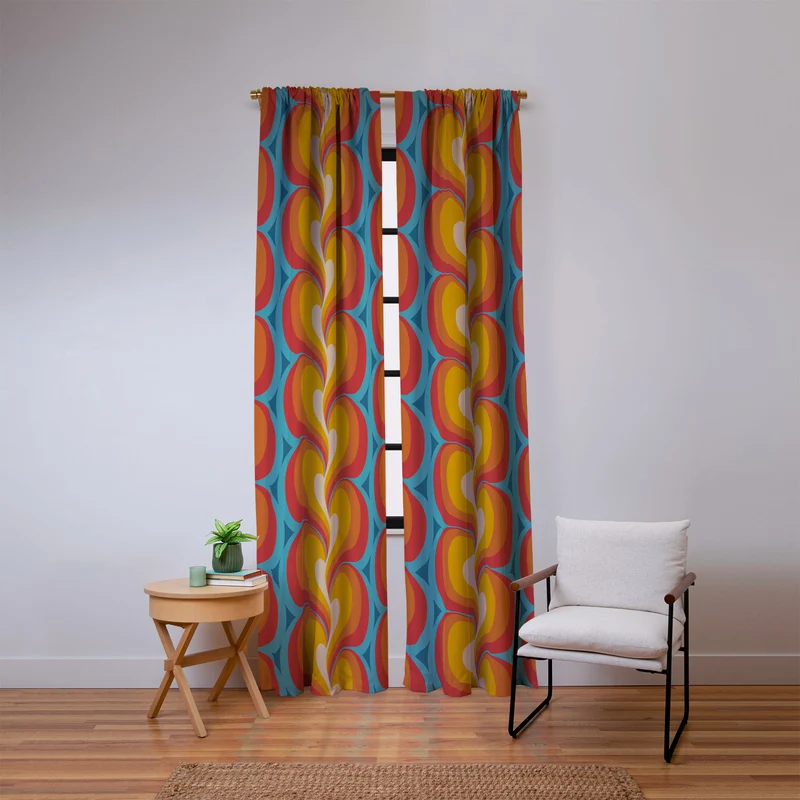 Orange Red and Turquoise Swirly Geometric Curves Window Curtain