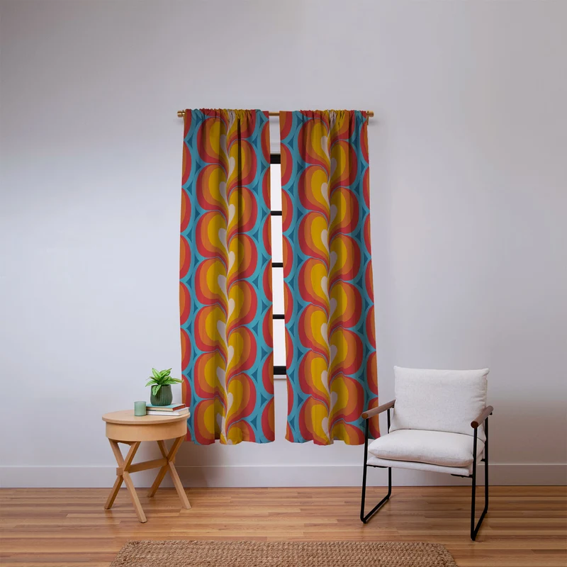 Orange Red and Turquoise Swirly Geometric Curves Window Curtain