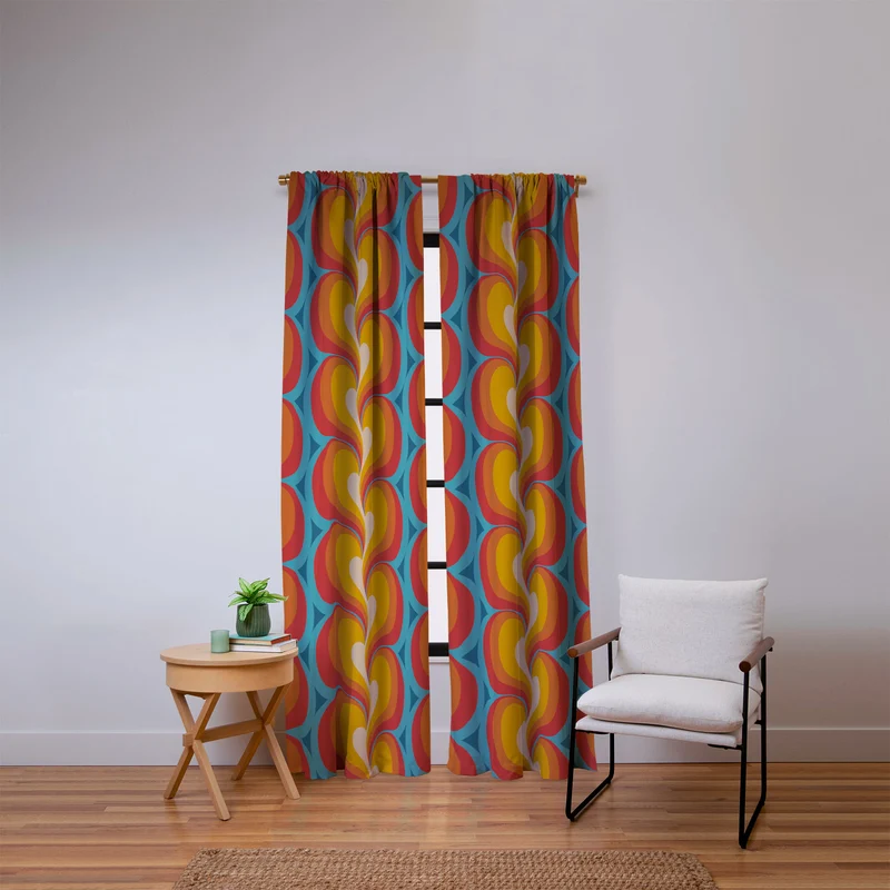 Orange Red and Turquoise Swirly Geometric Curves Window Curtain