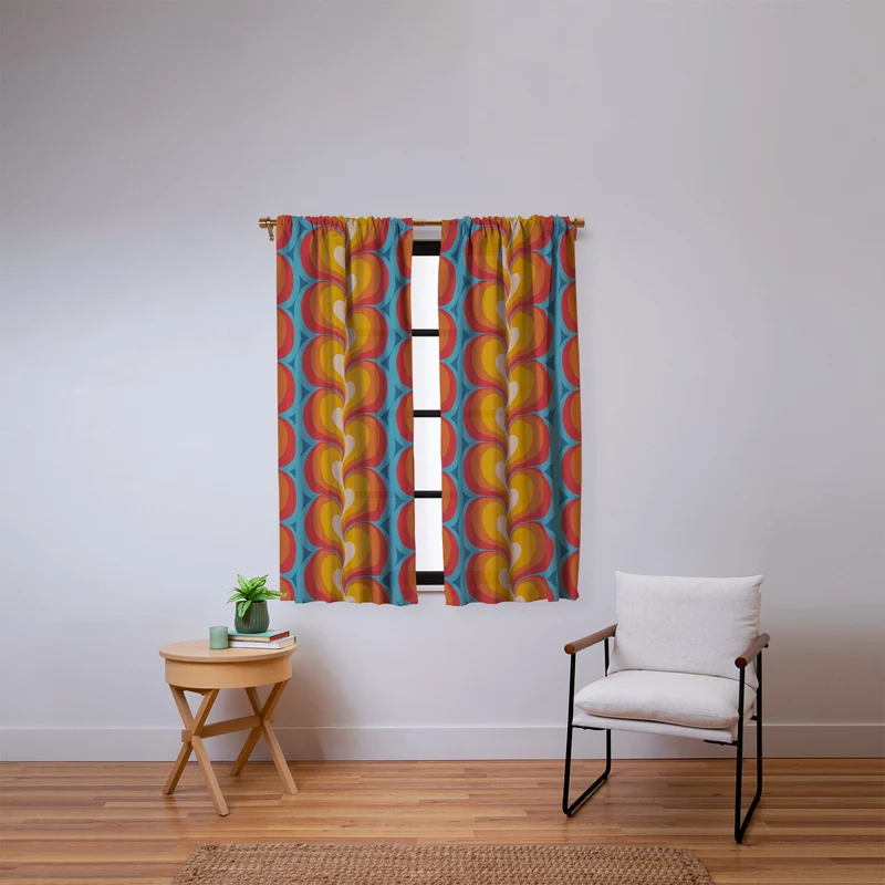 Orange Red and Turquoise Swirly Geometric Curves Window Curtain