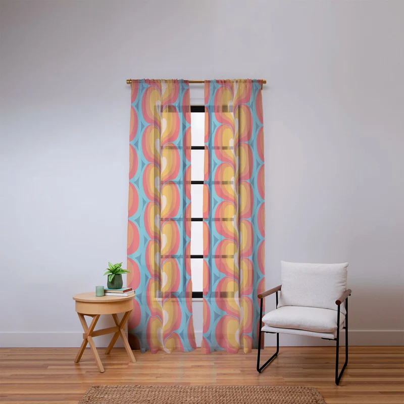 Orange Red and Turquoise Swirly Geometric Curves Window Curtain