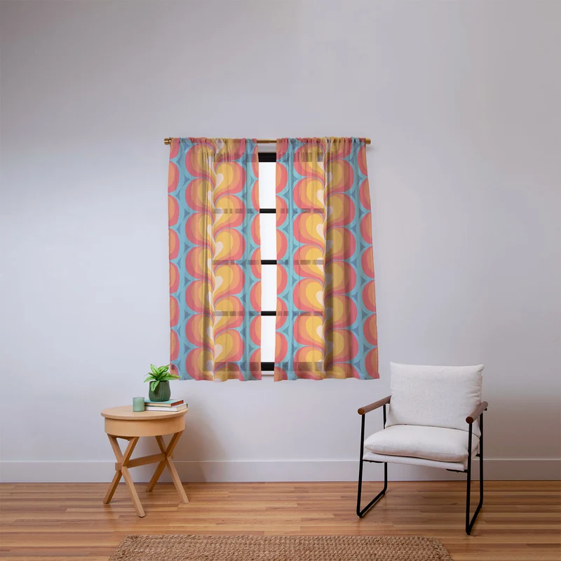 Orange Red and Turquoise Swirly Geometric Curves Window Curtain