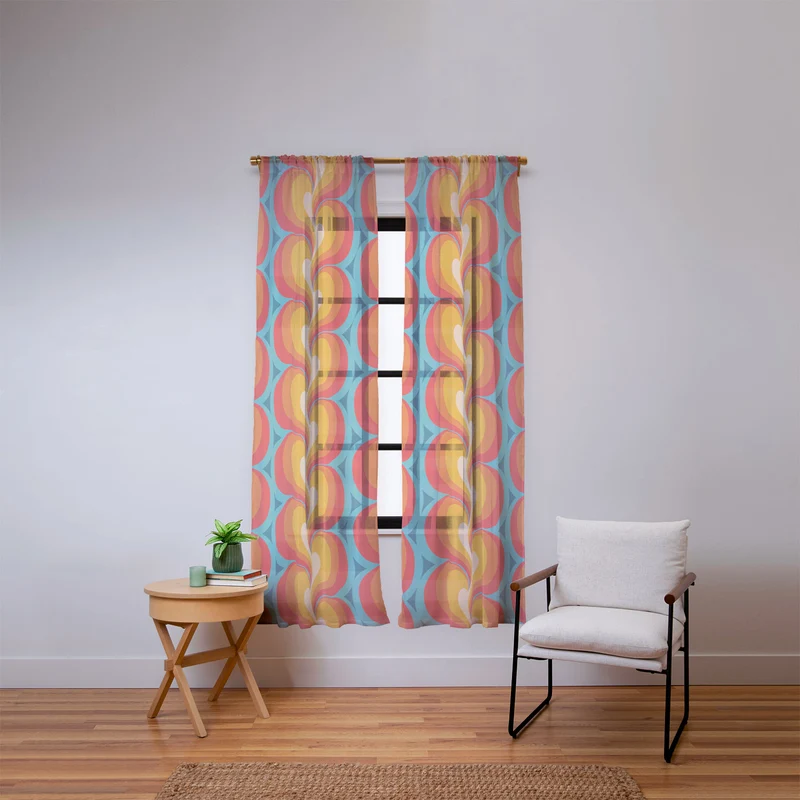 Orange Red and Turquoise Swirly Geometric Curves Window Curtain