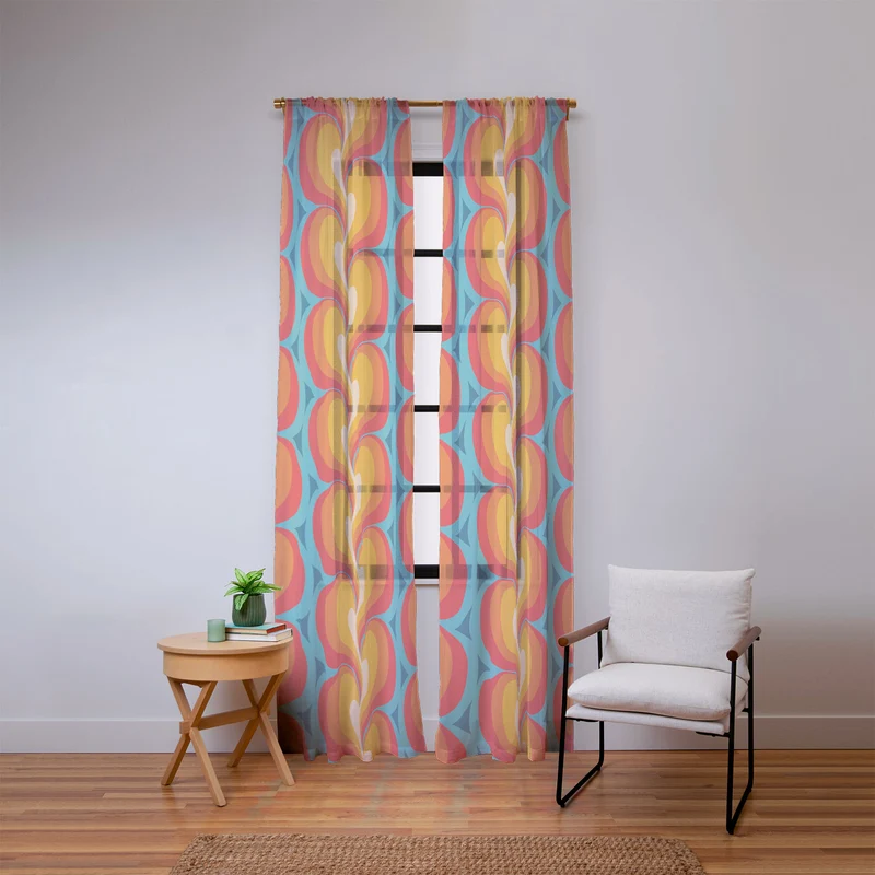 Orange Red and Turquoise Swirly Geometric Curves Window Curtain