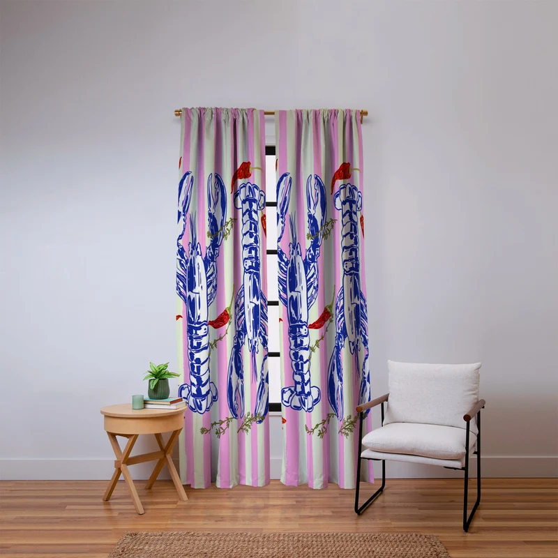 Colorful Lobsters and Peppers in Pink Stripes Window Curtain