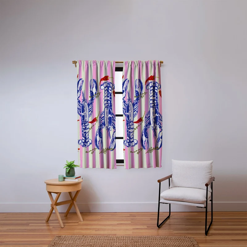 Colorful Lobsters and Peppers in Pink Stripes Window Curtain
