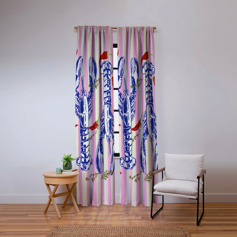 Colorful Lobsters and Peppers in Pink Stripes Window Curtain