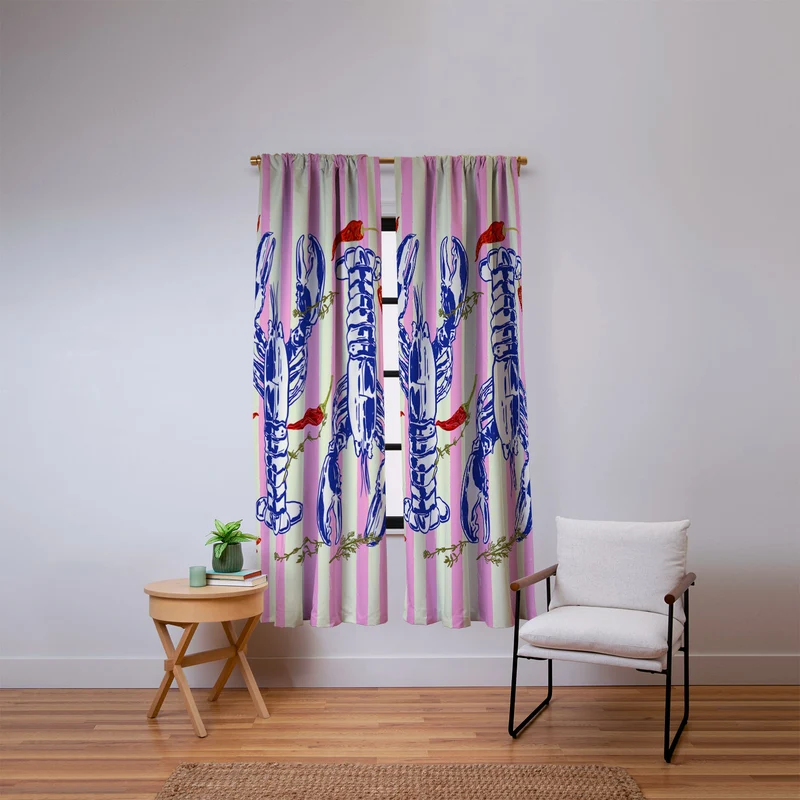 Colorful Lobsters and Peppers in Pink Stripes Window Curtain