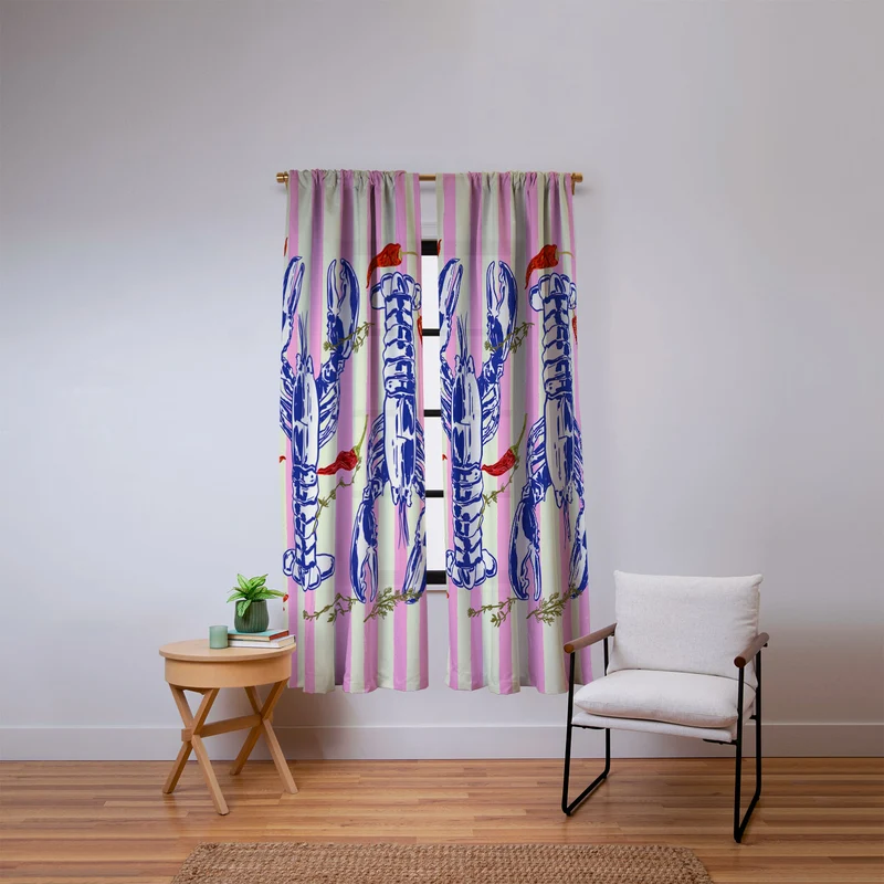 Colorful Lobsters and Peppers in Pink Stripes Window Curtain