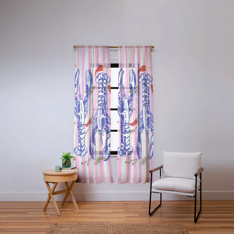 Colorful Lobsters and Peppers in Pink Stripes Window Curtain