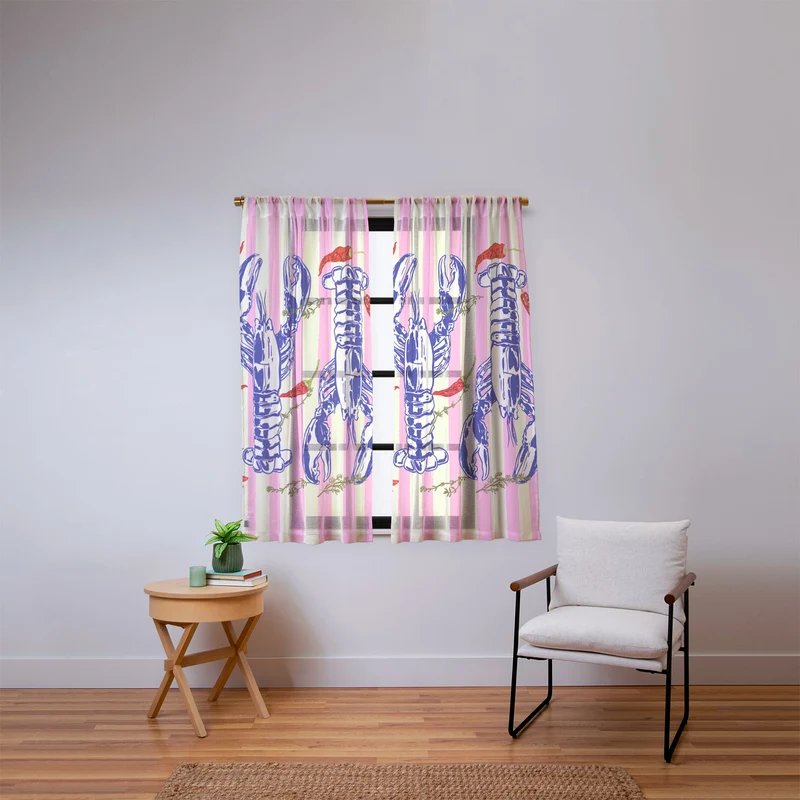 Colorful Lobsters and Peppers in Pink Stripes Window Curtain