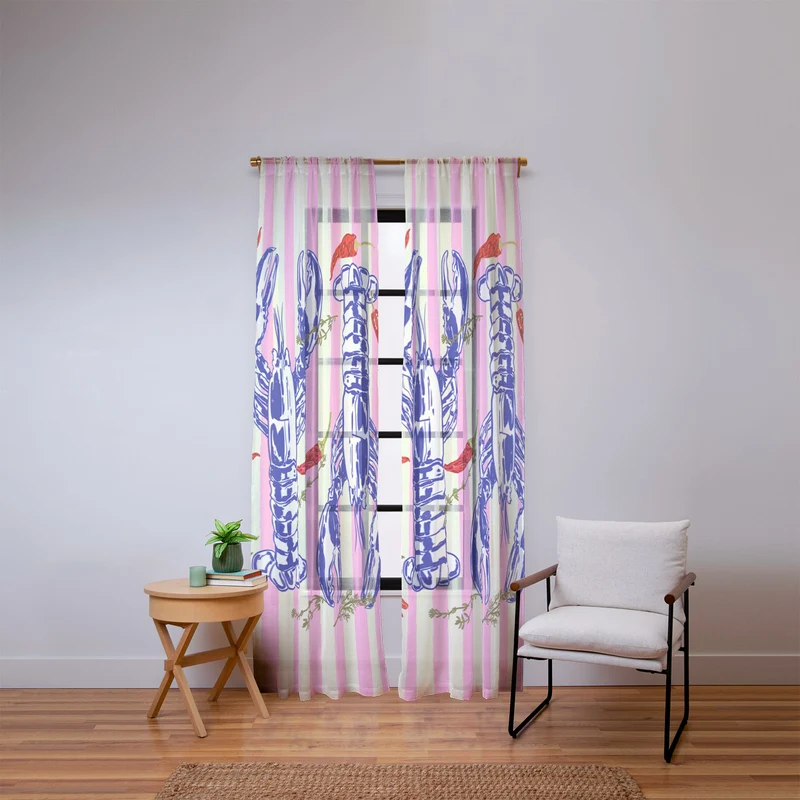 Colorful Lobsters and Peppers in Pink Stripes Window Curtain