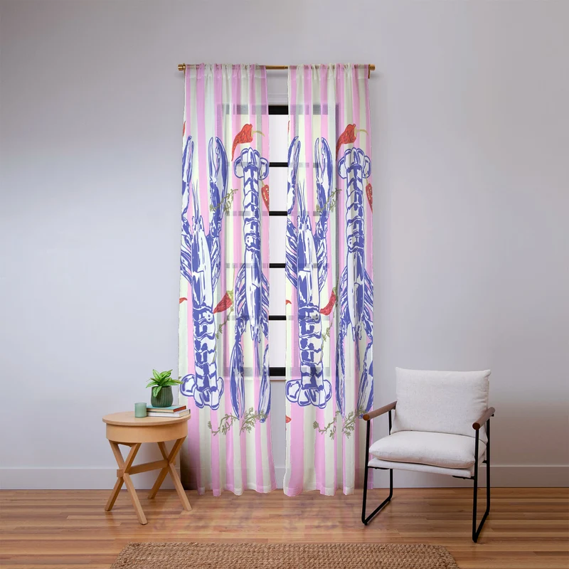 Colorful Lobsters and Peppers in Pink Stripes Window Curtain