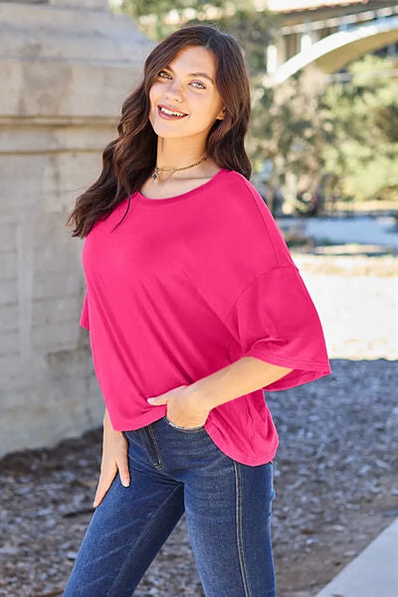 Luxe ondoorzichtige T-shirt met verlaagde schouders en lichte stretch - One Size, 95% polyester
