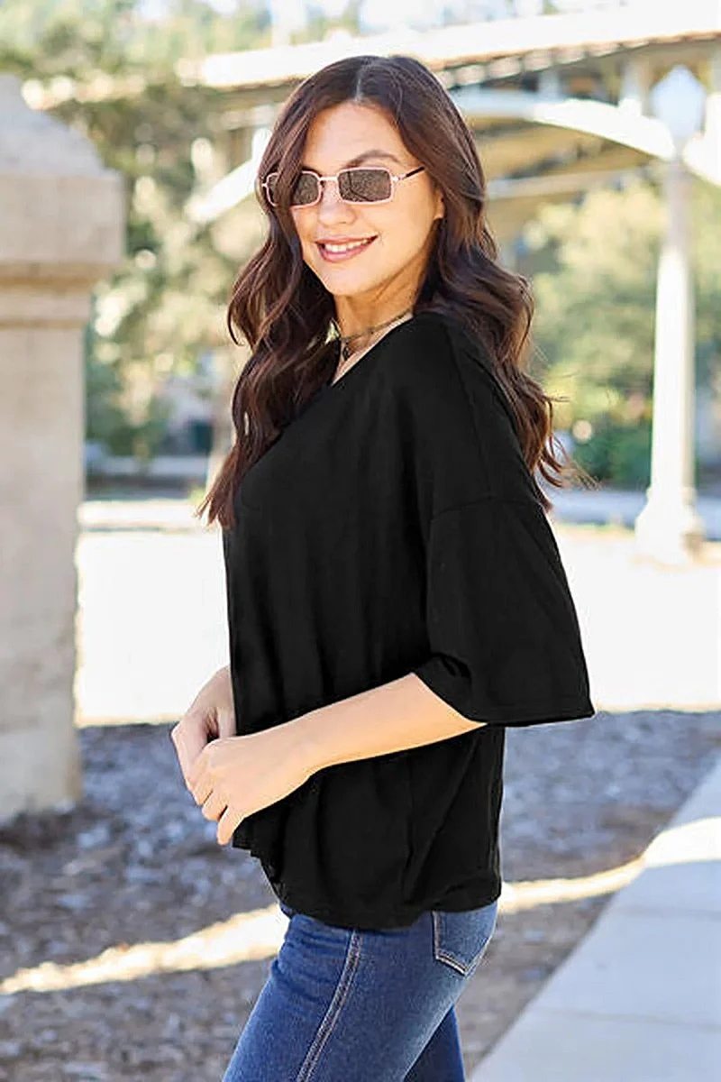 Luxe ondoorzichtige T-shirt met verlaagde schouders en lichte stretch - One Size, 95% polyester