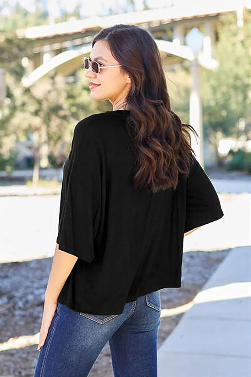 Luxe ondoorzichtige T-shirt met verlaagde schouders en lichte stretch - One Size, 95% polyester