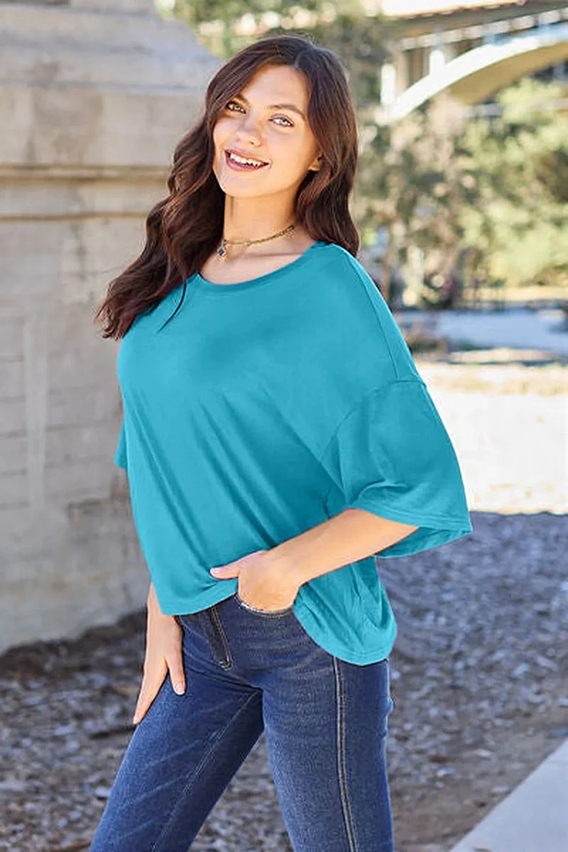 Luxe ondoorzichtige T-shirt met verlaagde schouders en lichte stretch - One Size, 95% polyester