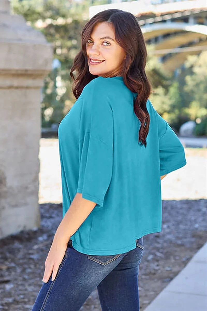 Luxe ondoorzichtige T-shirt met verlaagde schouders en lichte stretch - One Size, 95% polyester