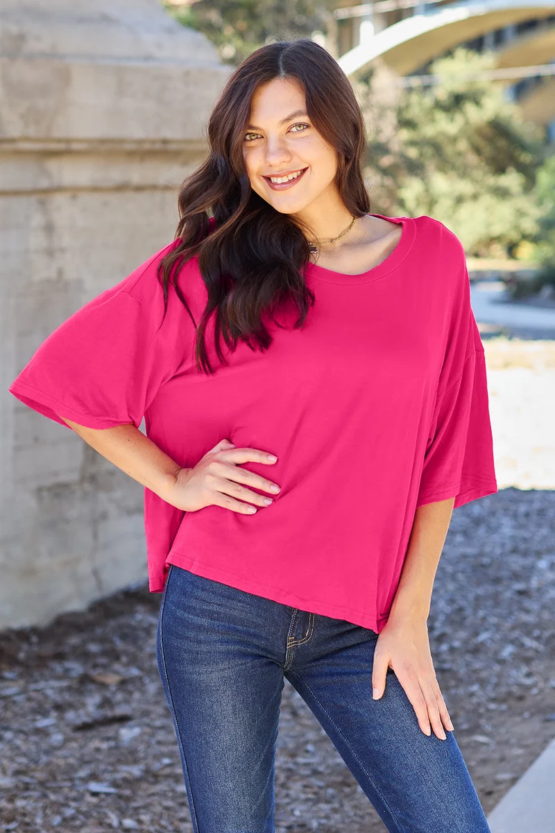Luxe ondoorzichtige T-shirt met verlaagde schouders en lichte stretch - One Size, 95% polyester