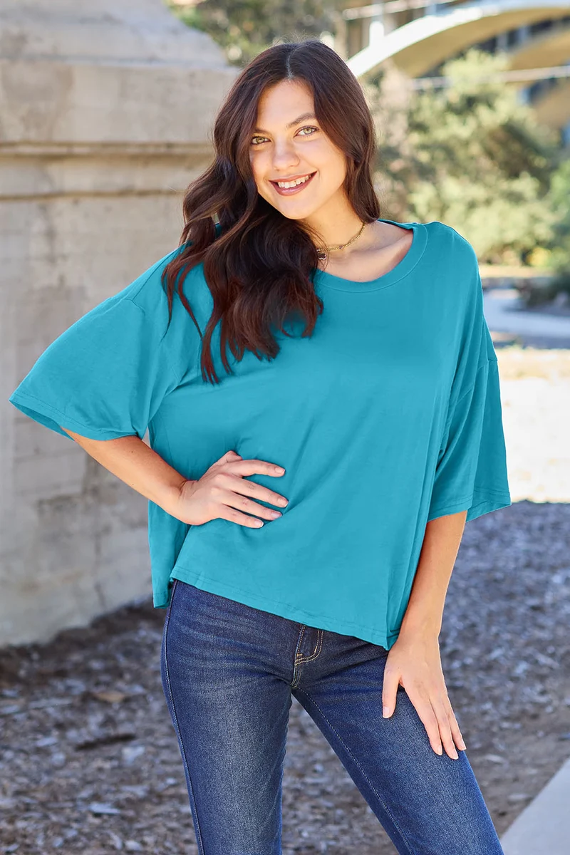 Luxe ondoorzichtige T-shirt met verlaagde schouders en lichte stretch - One Size, 95% polyester
