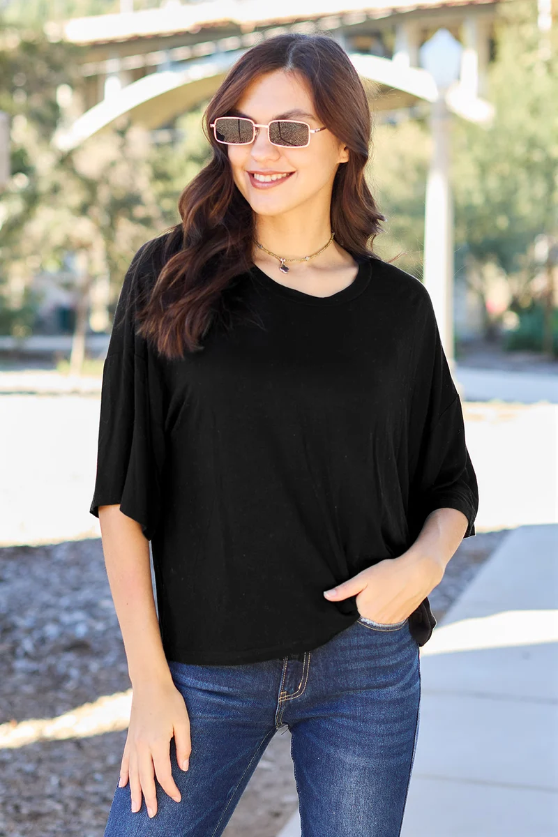 Luxe ondoorzichtige T-shirt met verlaagde schouders en lichte stretch - One Size, 95% polyester