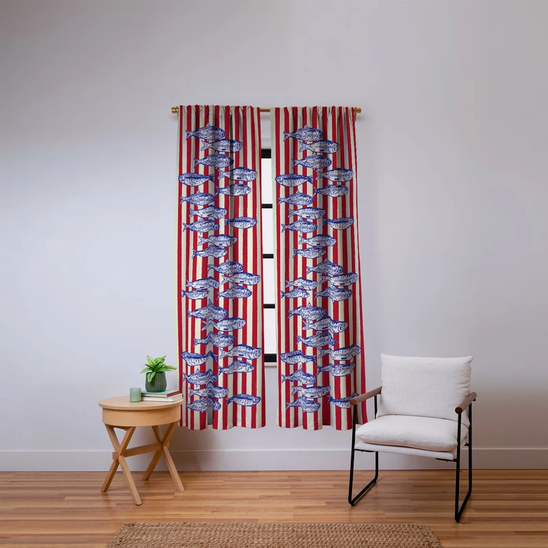 Sardines with Red Stripes Mediterranean Retro Fish Window Curtain
