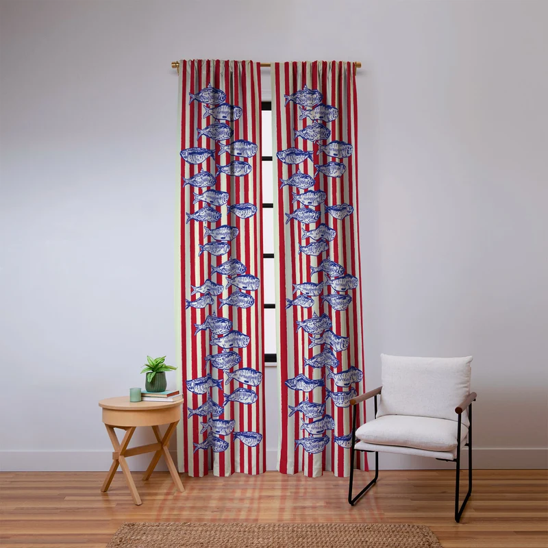 Sardines with Red Stripes Mediterranean Retro Fish Window Curtain