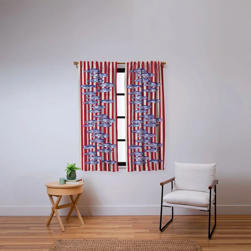 Sardines with Red Stripes Mediterranean Retro Fish Window Curtain