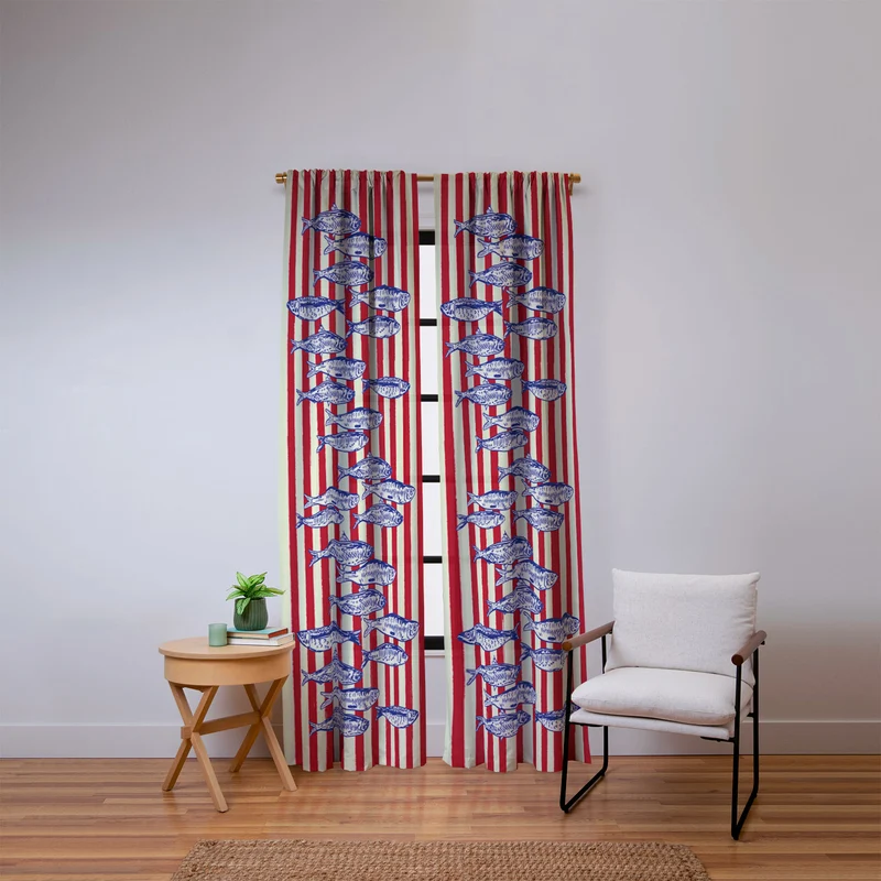 Sardines with Red Stripes Mediterranean Retro Fish Window Curtain