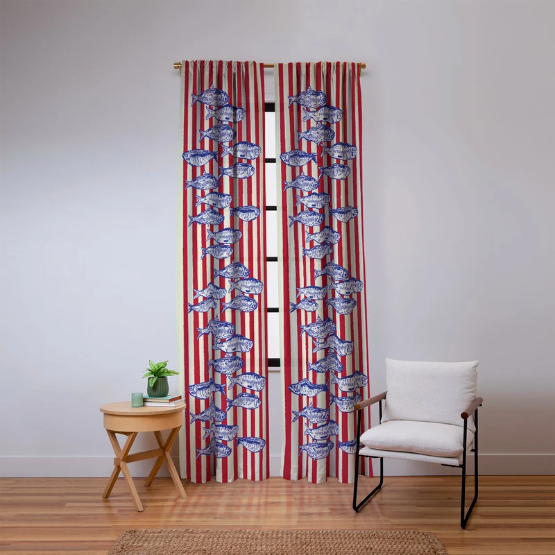 Sardines with Red Stripes Mediterranean Retro Fish Window Curtain