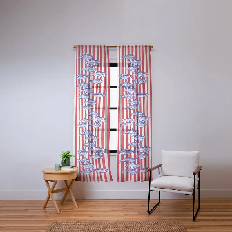 Sardines with Red Stripes Mediterranean Retro Fish Window Curtain