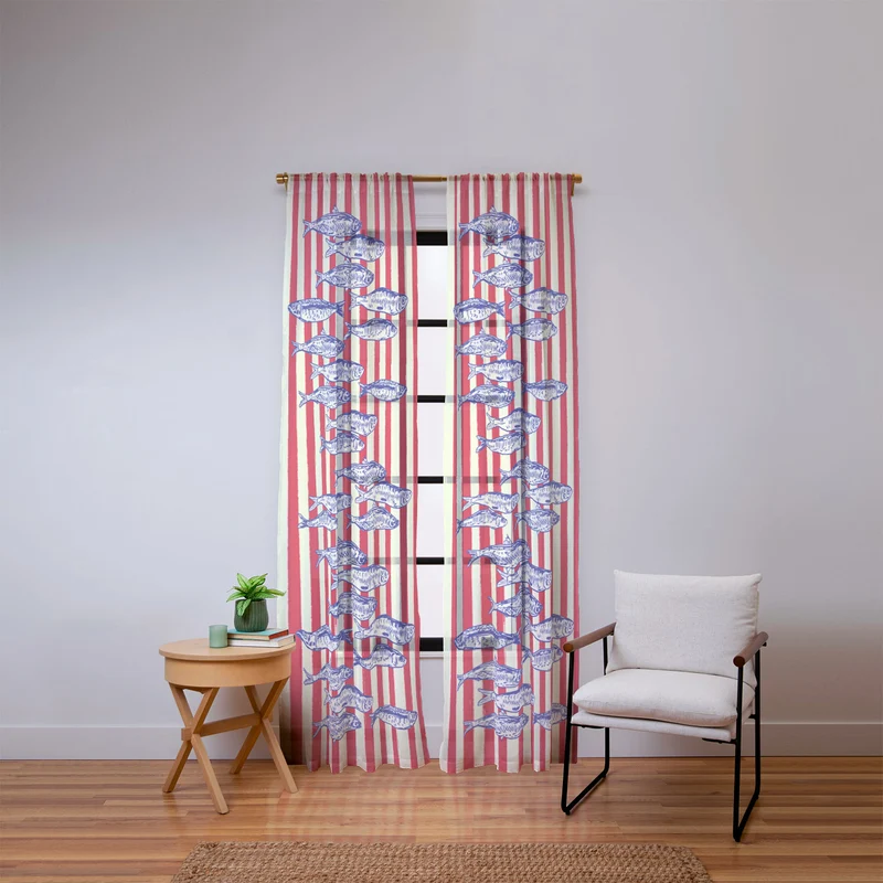 Sardines with Red Stripes Mediterranean Retro Fish Window Curtain