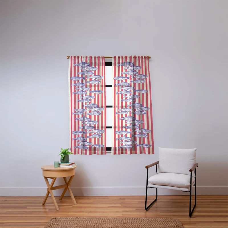 Sardines with Red Stripes Mediterranean Retro Fish Window Curtain