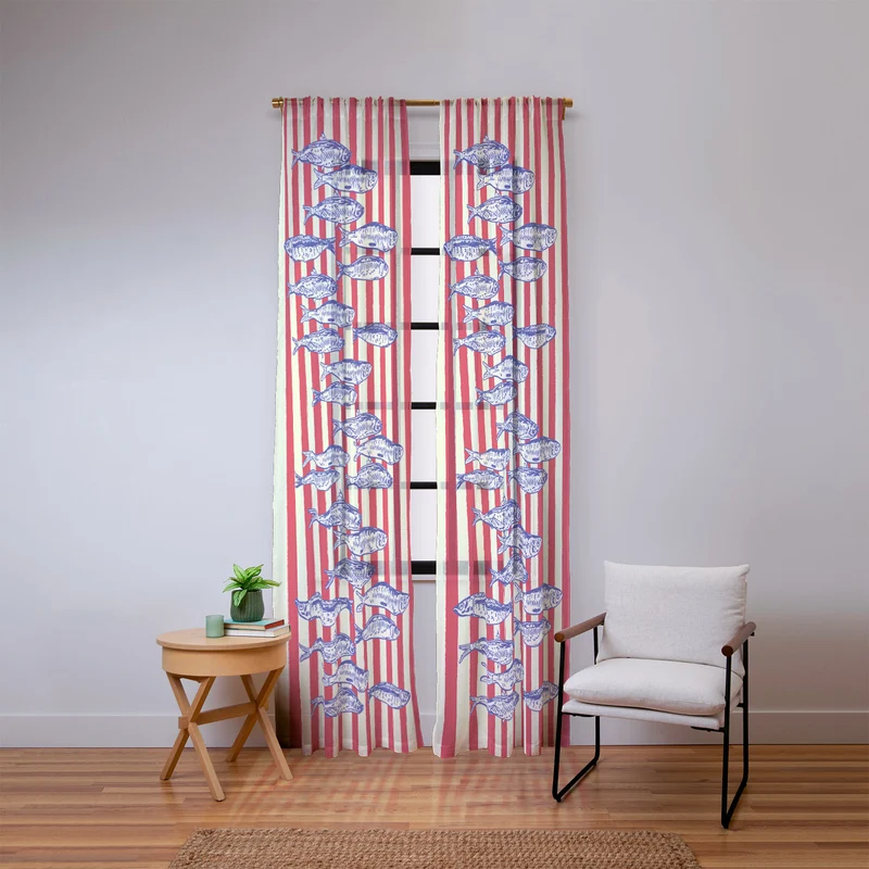 Sardines with Red Stripes Mediterranean Retro Fish Window Curtain