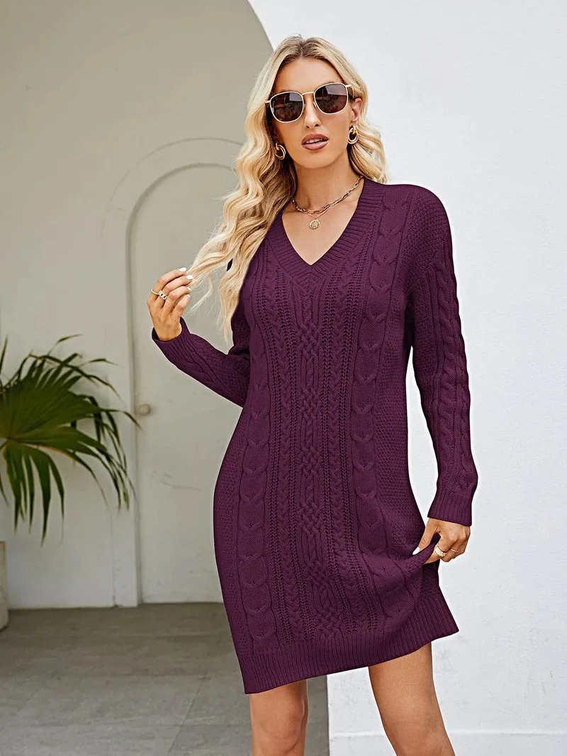 Elegante gebreide trui-jurk met kabelpatroon - V-hals, licht elastisch, 100% acryl