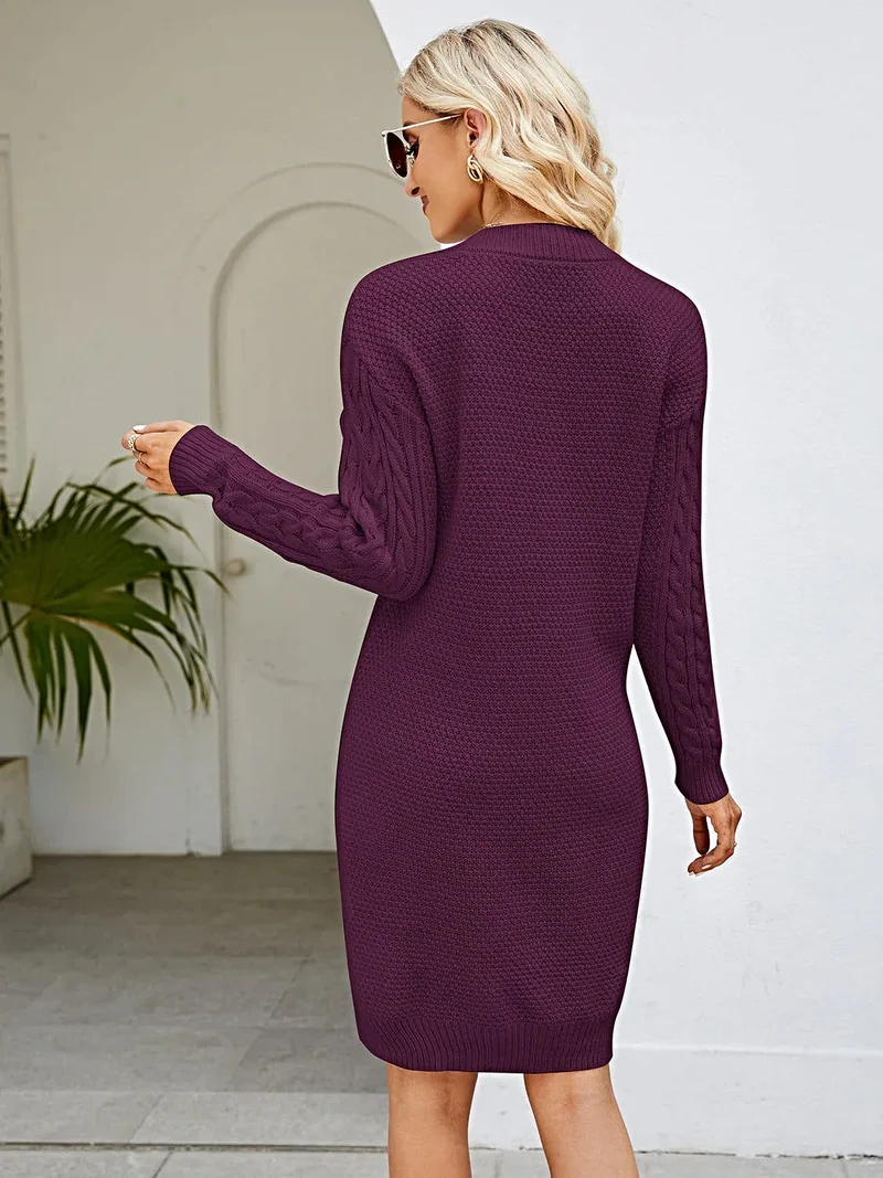 Elegante gebreide trui-jurk met kabelpatroon - V-hals, licht elastisch, 100% acryl