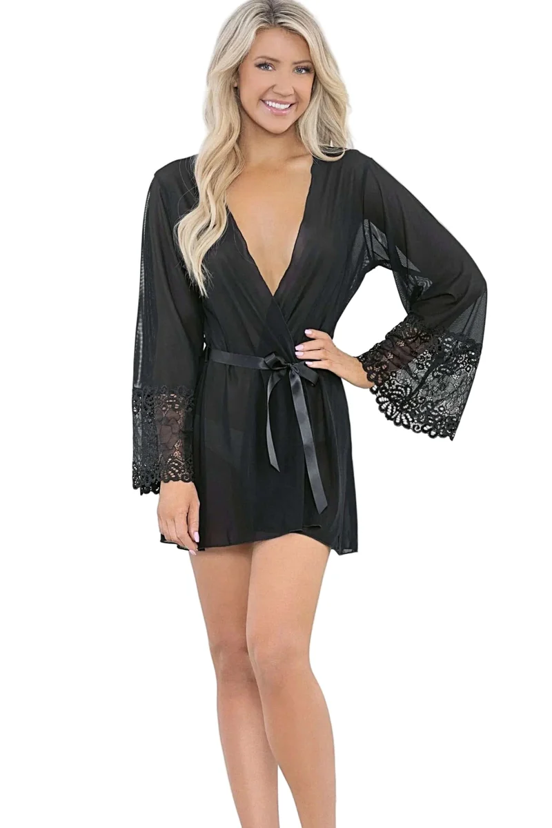 Escante 24603 Robe met bloemenkant en lintriem - Luxe mesh loungewear