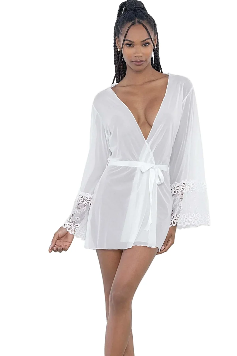 Escante 24603 Robe met bloemenkant en lintriem - Luxe mesh loungewear