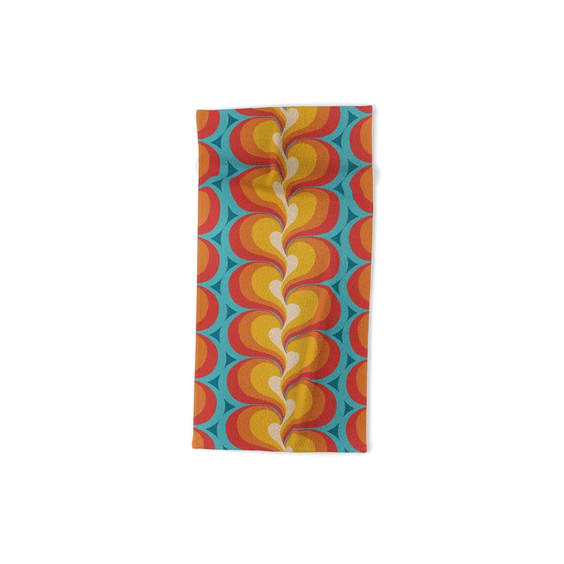 Orange Red and Turquoise Swirly Geometric Curves Bath Towel