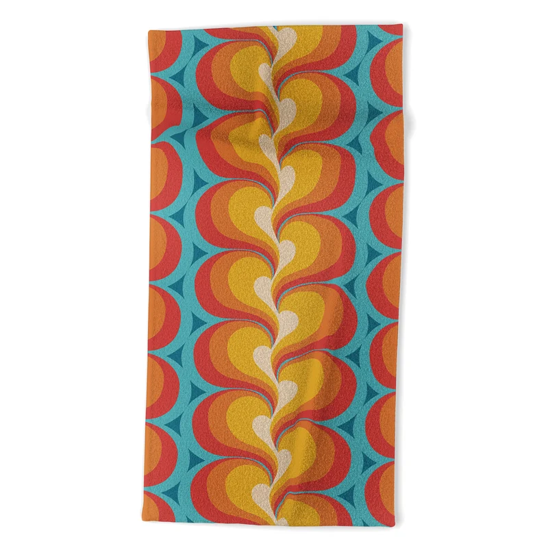 Orange Red and Turquoise Swirly Geometric Curves Bath Towel
