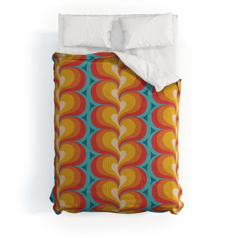 Orange Red and Turquoise Swirly Geometric Curves Comforter
