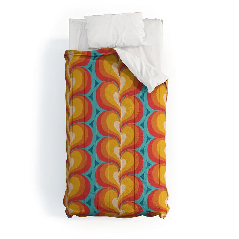 Orange Red and Turquoise Swirly Geometric Curves Comforter