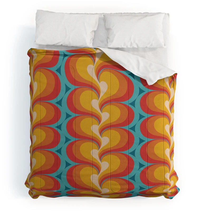 Orange Red and Turquoise Swirly Geometric Curves Comforter