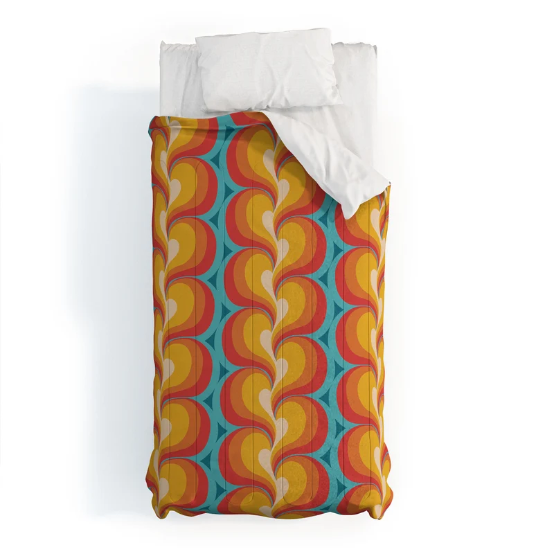 Orange Red and Turquoise Swirly Geometric Curves Comforter