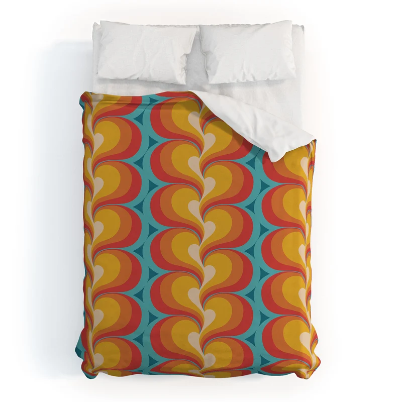 Orange Red and Turquoise Swirly Geometric Curves Duvet Cover