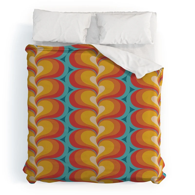 Orange Red and Turquoise Swirly Geometric Curves Duvet Cover