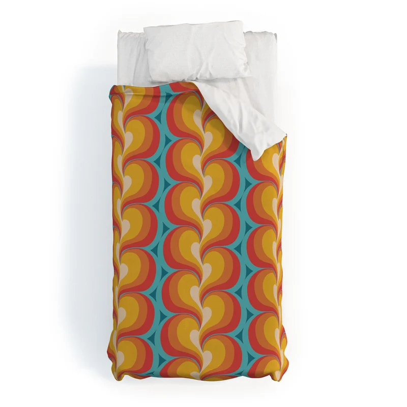 Orange Red and Turquoise Swirly Geometric Curves Duvet Cover