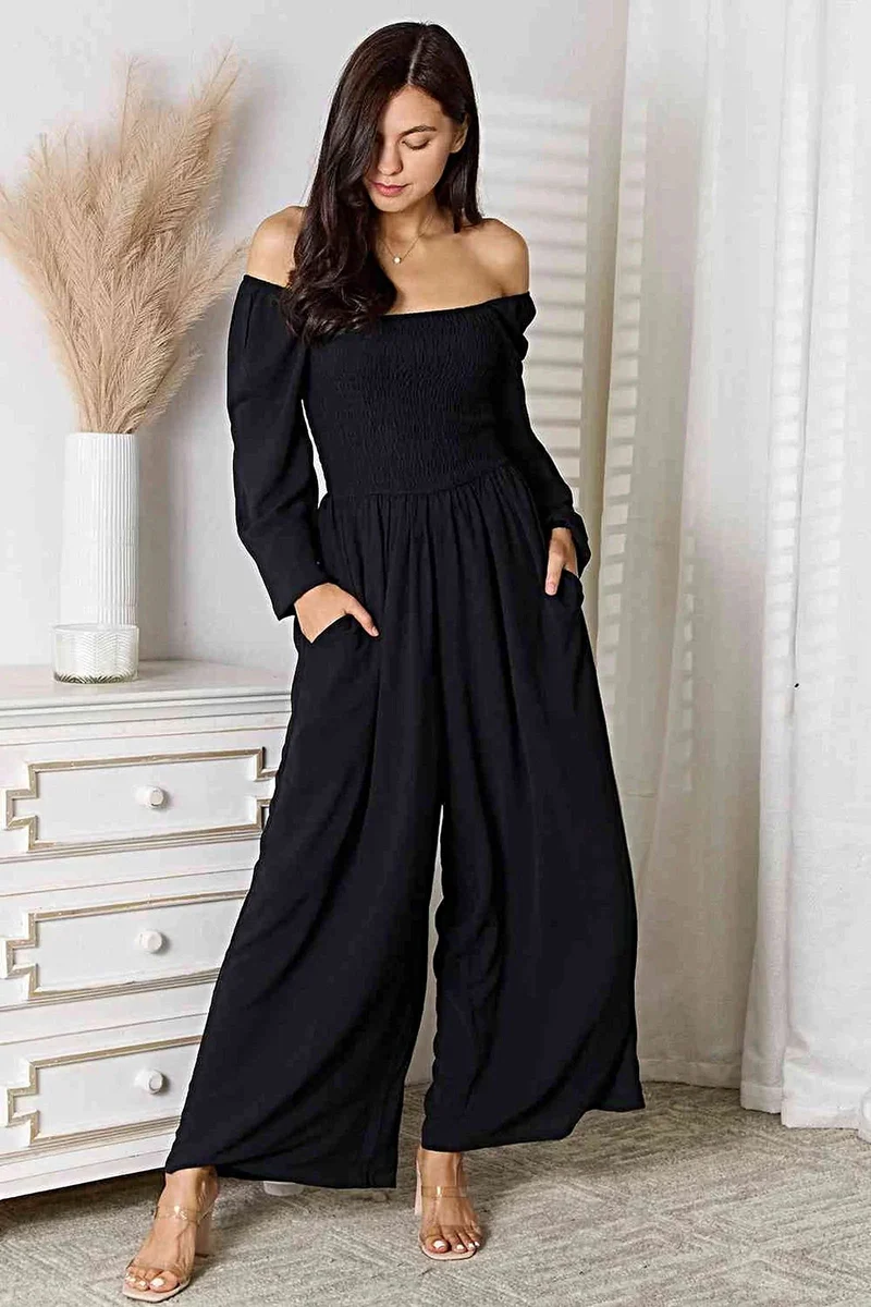 Chique Double Take jumpsuit met vierkante hals en zakken – geplooide details, ondoorzichtig, 100% polyester