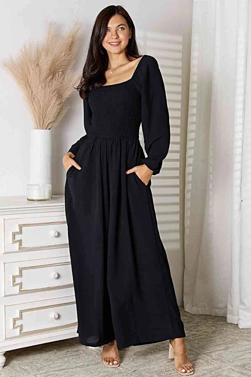 Chique Double Take jumpsuit met vierkante hals en zakken – geplooide details, ondoorzichtig, 100% polyester