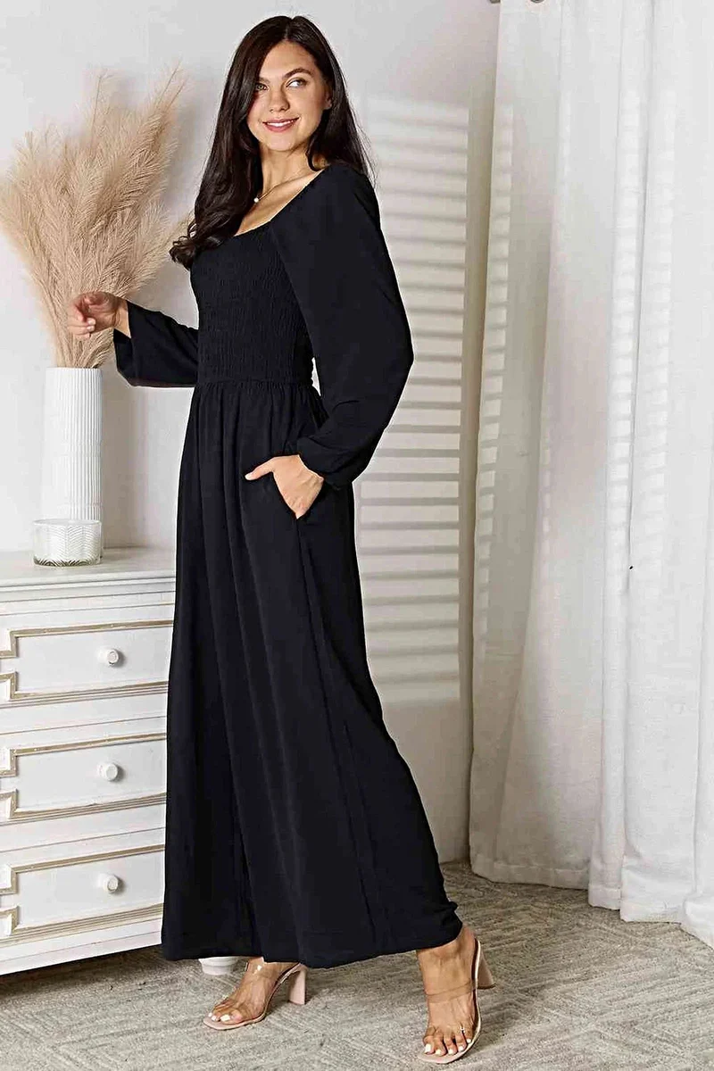 Chique Double Take jumpsuit met vierkante hals en zakken – geplooide details, ondoorzichtig, 100% polyester